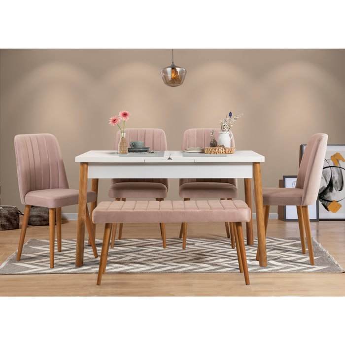 Hanah Home Santiago Atlantic-White Stone Conjunto Mesa y Sillas Extensibles Comedor Pino Atlántico Blanco Piedra Melamina Terciopelo